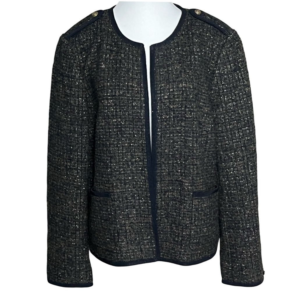 TALBOTS NWT Open Front Textured  Blazer Size 16 Black Brown Silver Metallic